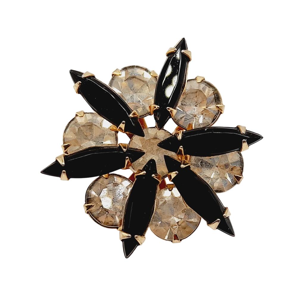 Vintage 3D Rhinestone Brooch Clear & Black Gold Tone Layered Design 1.25 Inch